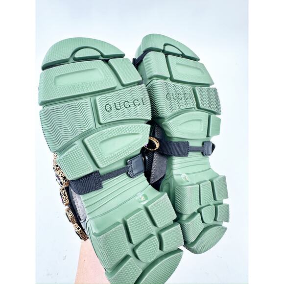 Gucci Flashtrek Chunky Green Gray Leather Crystal Embellished Sneakers Size 36 - Picture 5 of 9